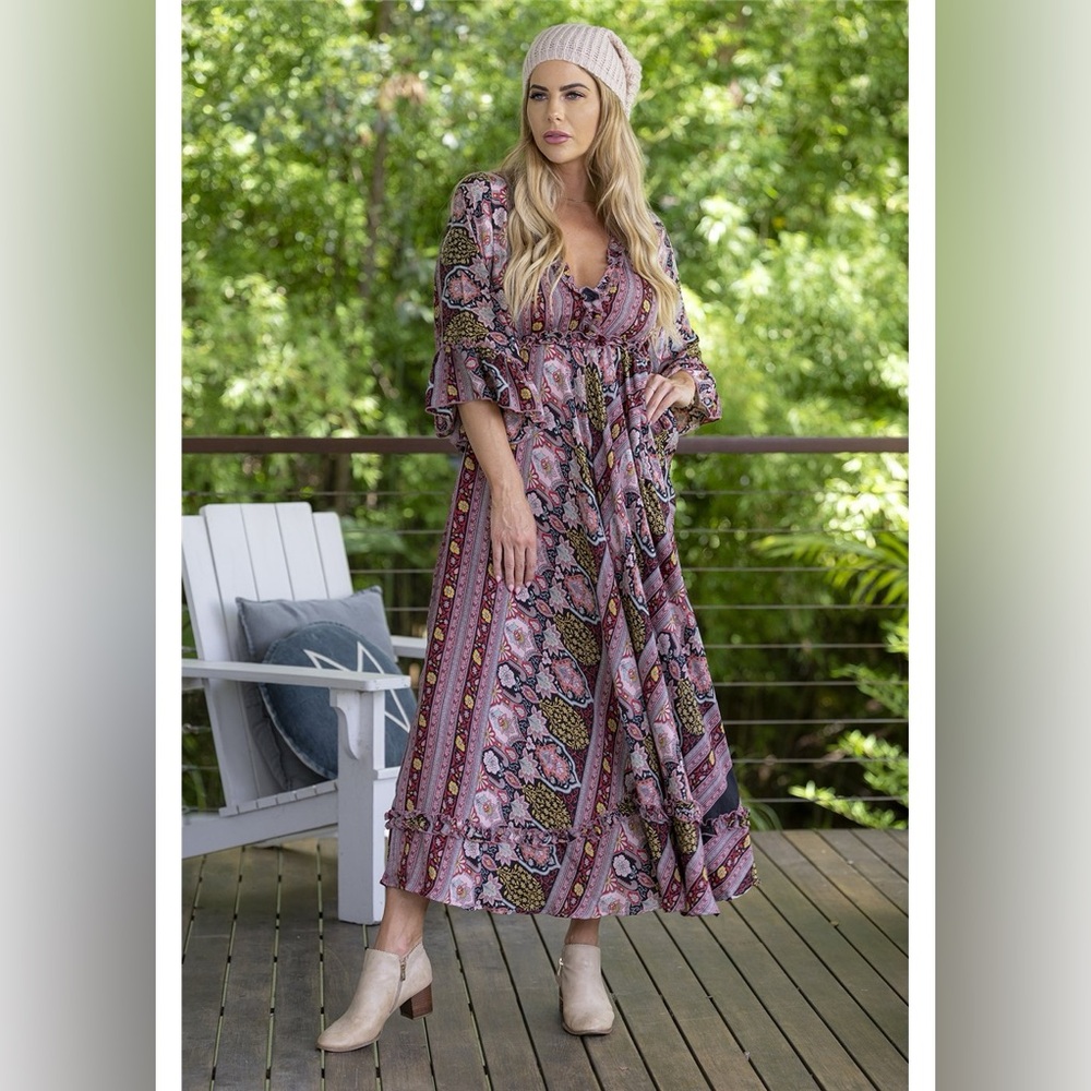 Cienna Ester Maxi Boehemian Ruffle Silk Blend India Dress Size S colorful  NWT